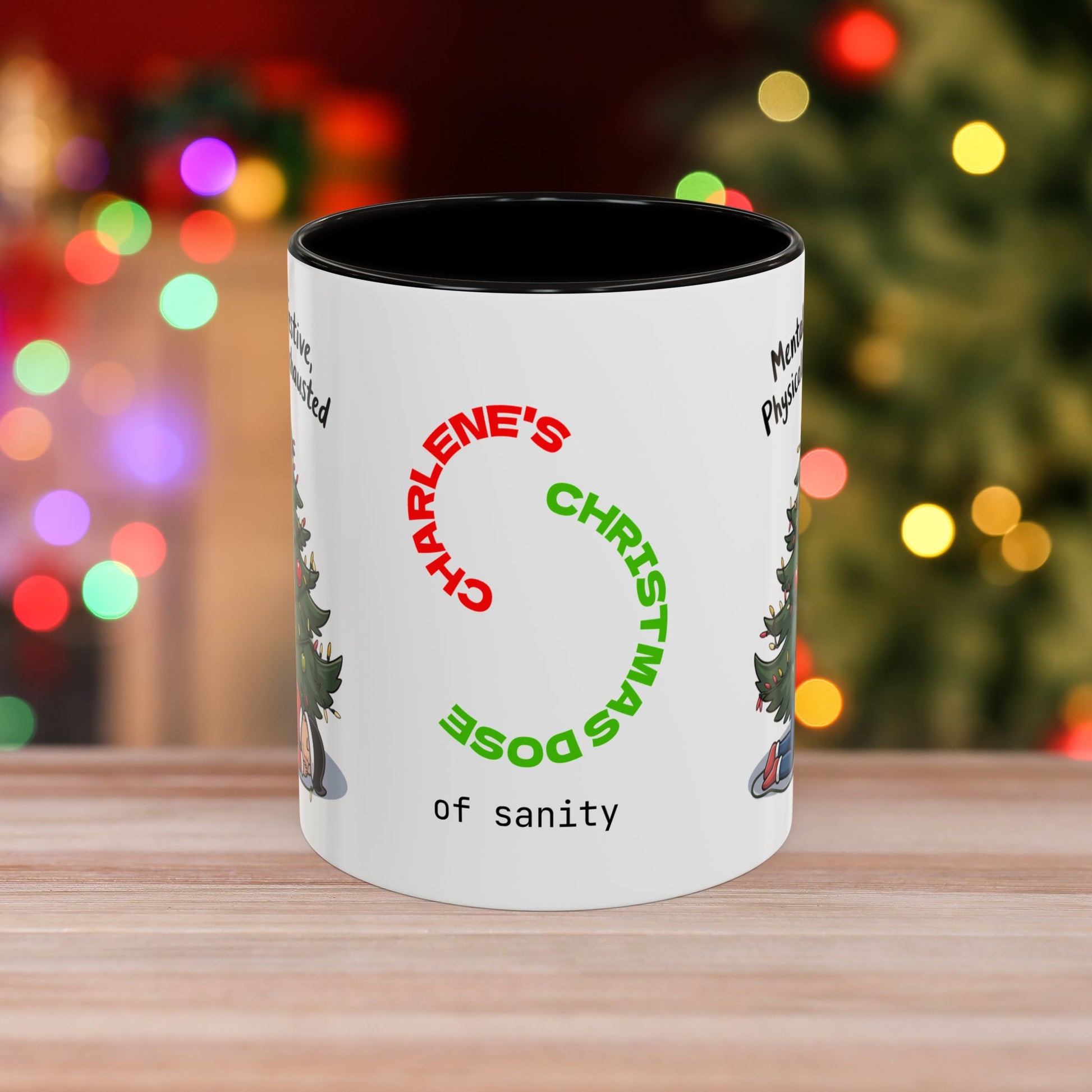 Mentally Festive, Physically Exhausted - Christmas Mug with Colorful Design and Accent Color