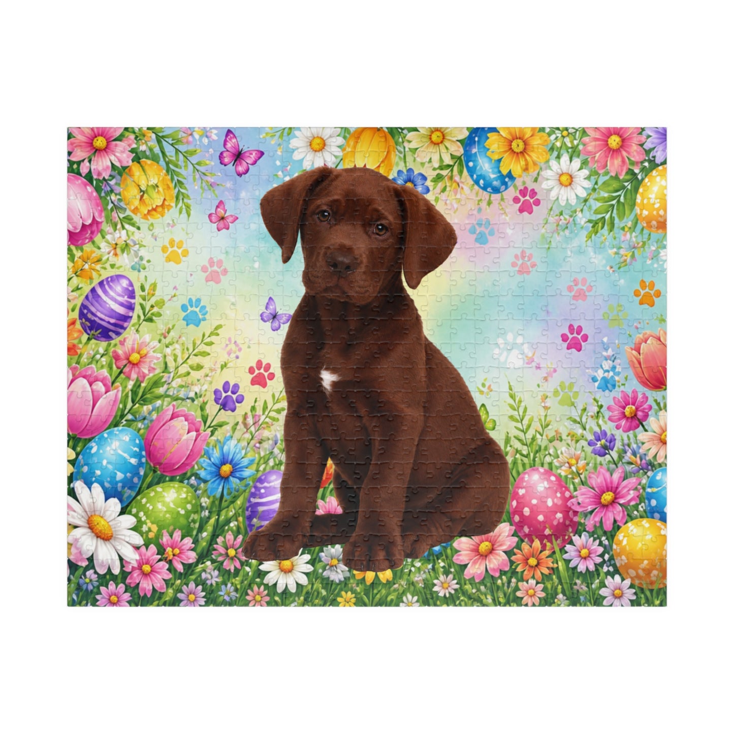 Great Dane (Chocolate) Easter Puppy Puzzle - Spring Garden with Eggs, Tulips, and Daisies