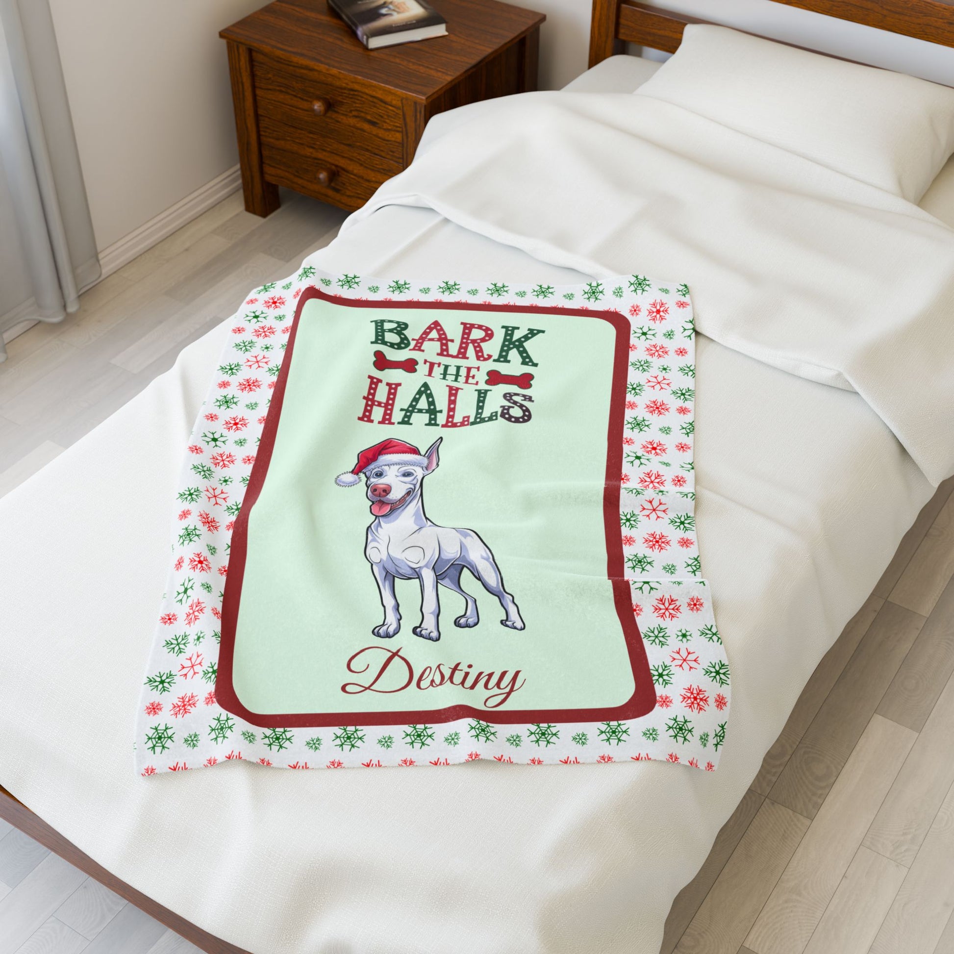 Doberman Pinscher (White) Velveteen Blanket - cozy Bark The Halls Christmas dog throw, personalized gift