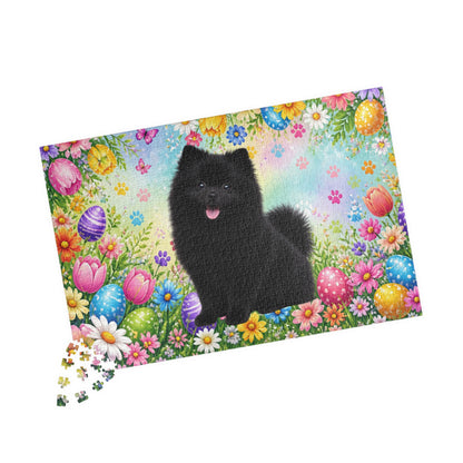 Pomeranian (Black) Easter Puppy Puzzle - Spring Garden with Eggs, Tulips, and Daisies