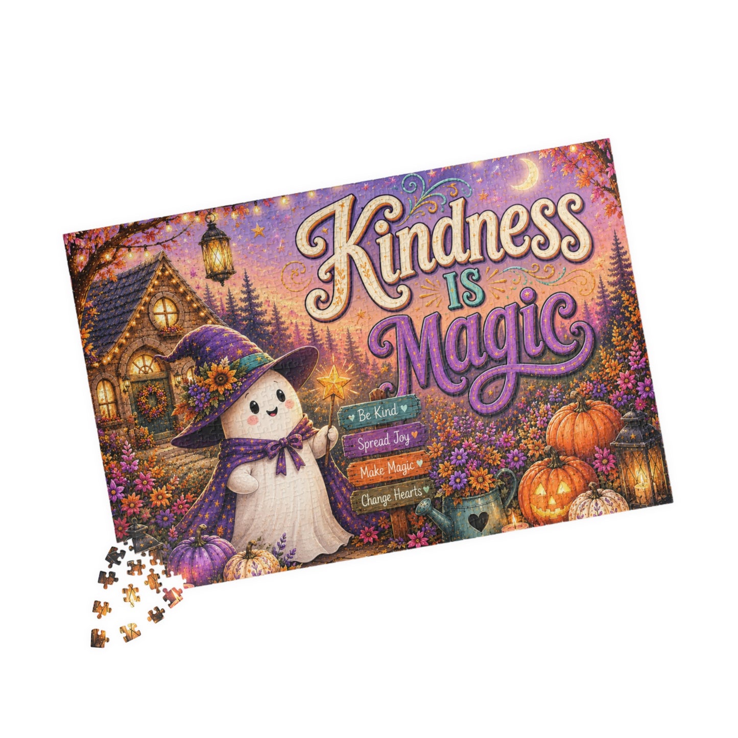 Kindness Is Magic Halloween Puzzle - Witch Ghost with Magic Wand, Purple Pumpkins, and Wildflowers