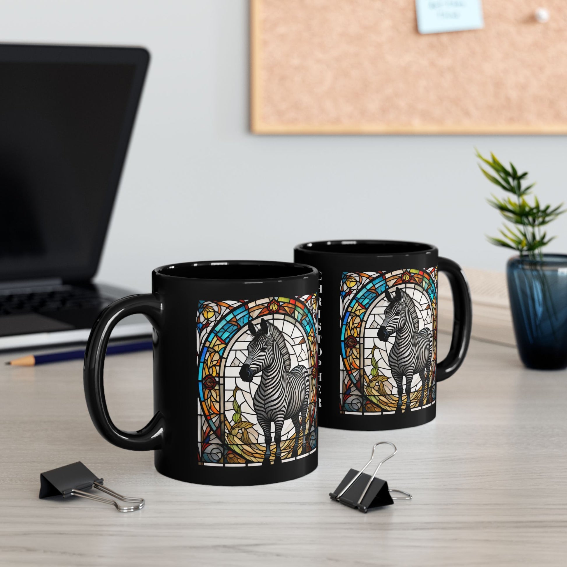 Zebra personalized mug with stained glass zoo animal design, black ceramic wildlife coffee cup.