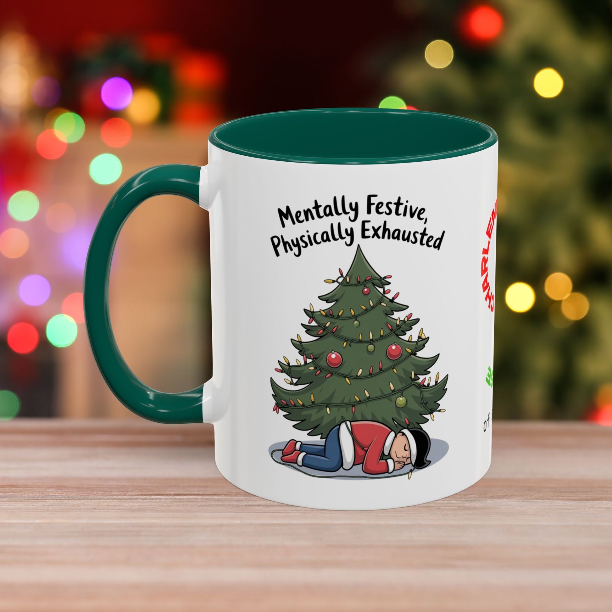 Mentally Festive, Physically Exhausted - Christmas Mug with Colorful Design and Accent Color