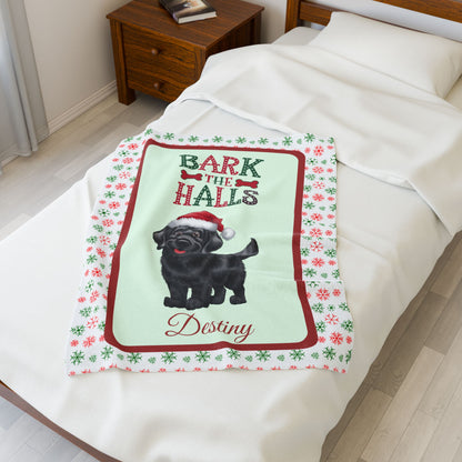 Labrador Retriever (Black) personalized velveteen blanket, cozy Bark The Halls holiday dog throw