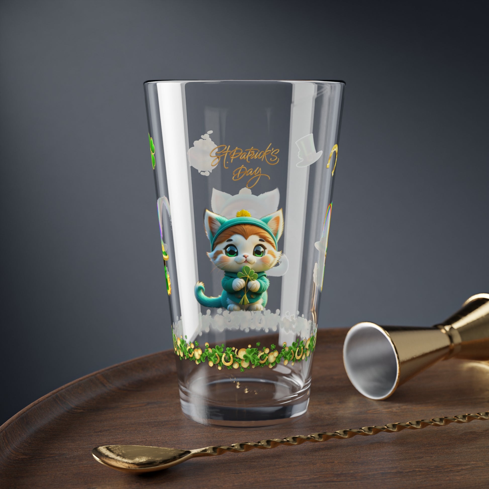 Serene Shamrock Kitty: Mindful St. Patrick's Day 16oz Pint Glasses - Festive Design for Positivity & Wellness