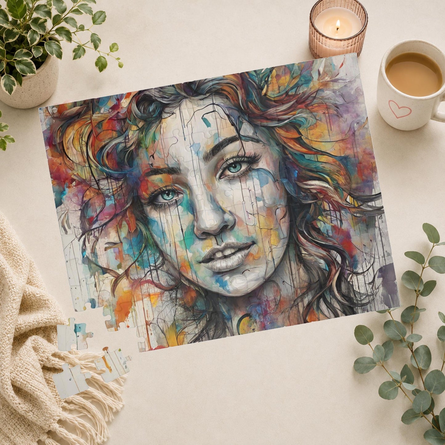 Pathway to Resilience - Sketch and Watercolor Woman's Portrait Puzzle with Ink Drips and Curly Hair