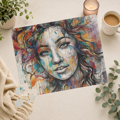 Pathway to Resilience - Sketch and Watercolor Woman's Portrait Puzzle with Ink Drips and Curly Hair