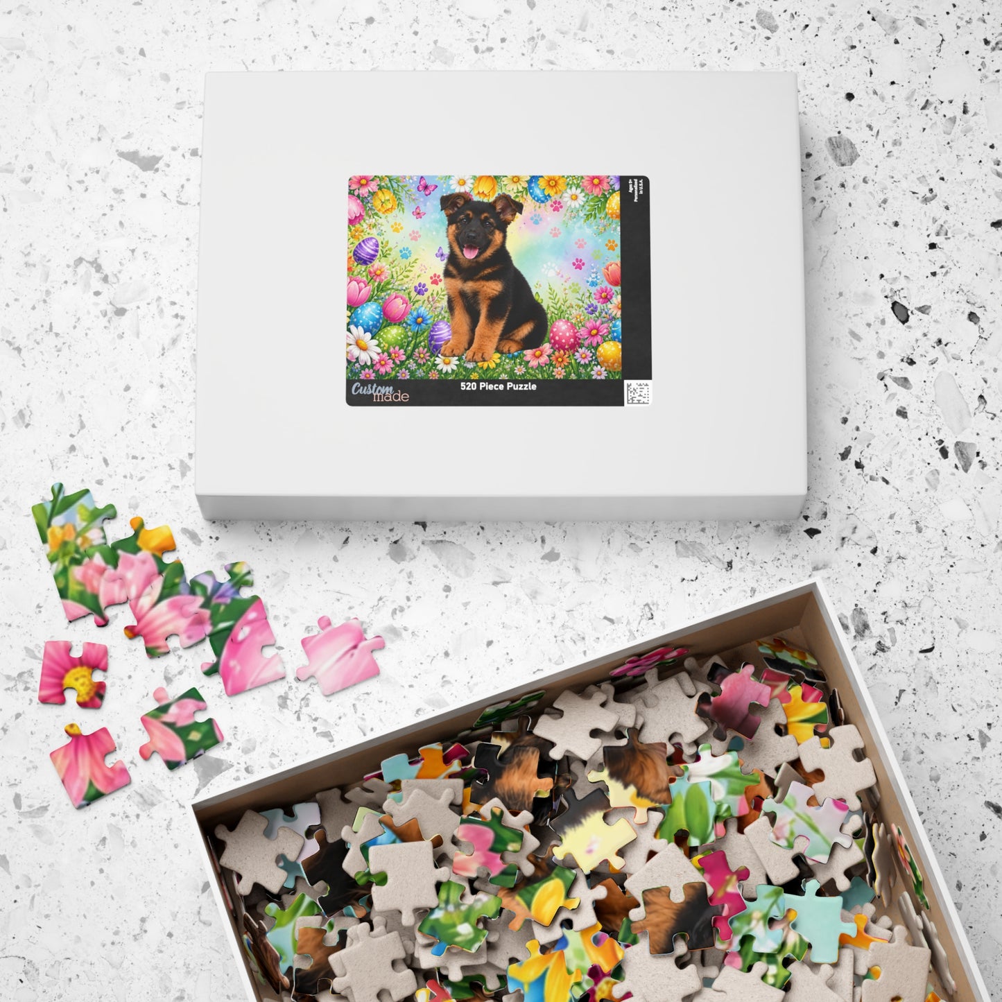 German Shepherd (Black & Red) Easter Puppy Puzzle - Spring Garden with Eggs, Tulips, and Daisies