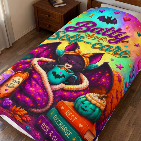 Batty About Self-Care Velveteen Blanket - Cozy Bat with Breathe Relax Unwind Candle and Rest Recharge Rise Books