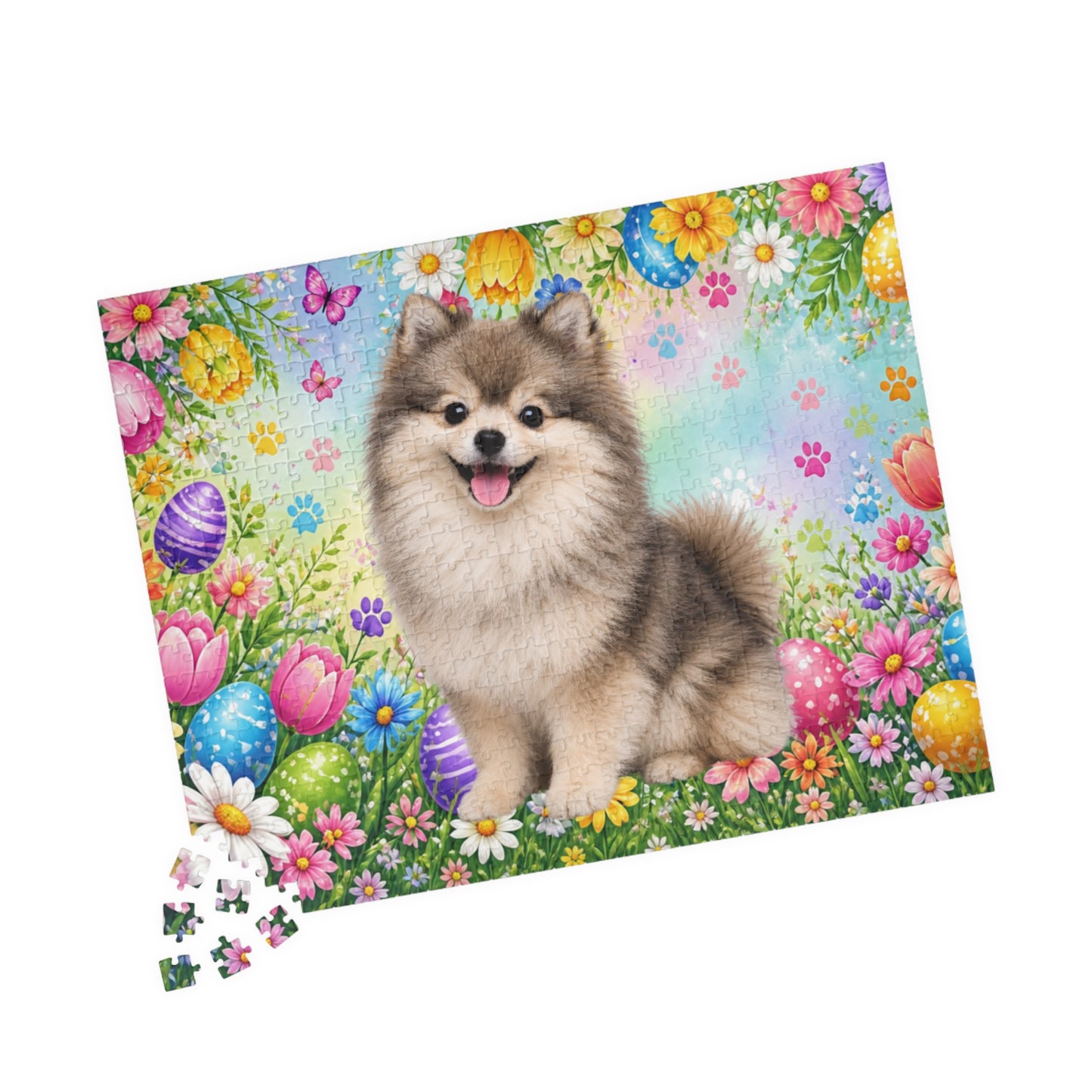 Pomeranian (Wolf Sable) Easter Puppy Puzzle - Spring Garden with Eggs, Tulips, and Butterflies
