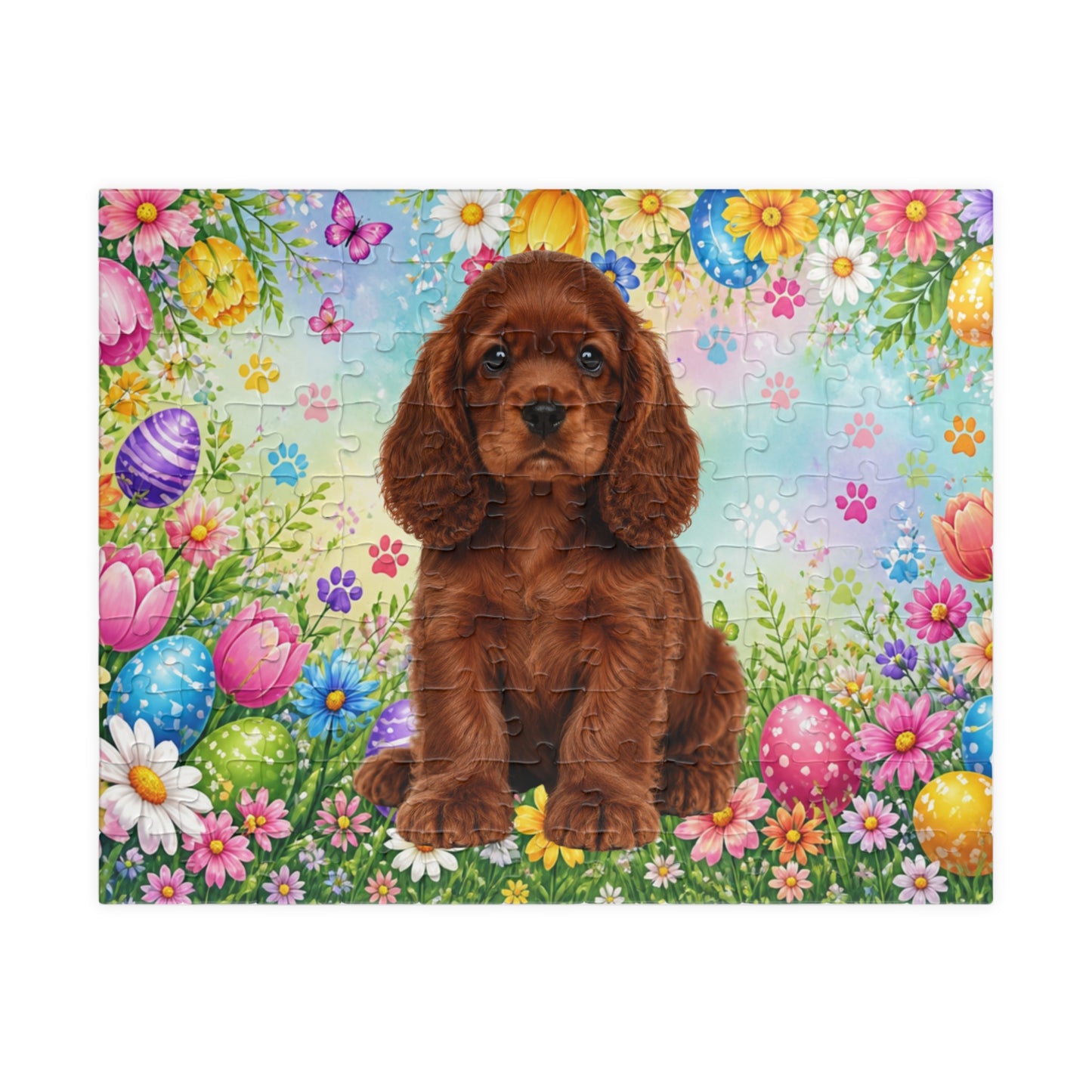 American Cocker Spaniel (Orange) Easter Puppy Puzzle - Spring Garden with Eggs, Tulips, and Daisies