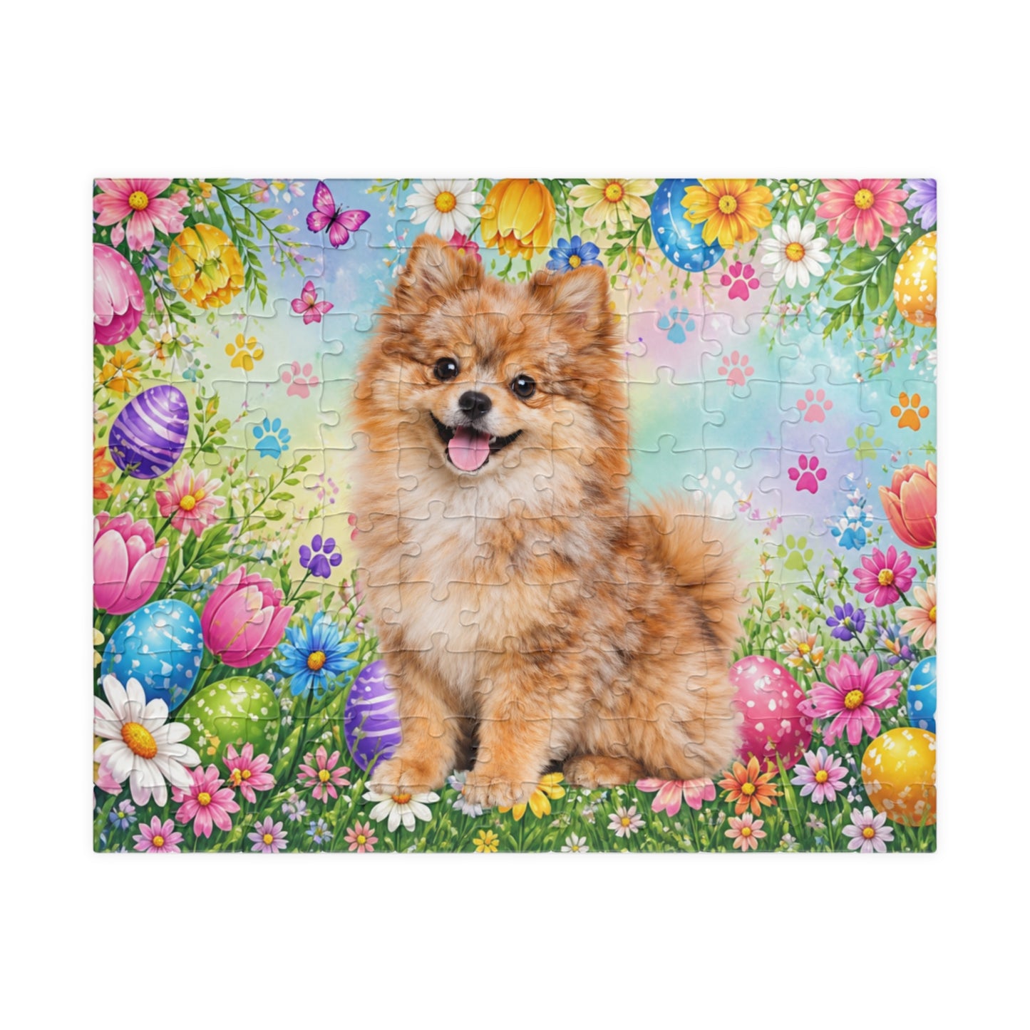 Pomeranian (Orange Merle) Easter Puppy Puzzle - Spring Garden with Eggs, Tulips, and Daisies