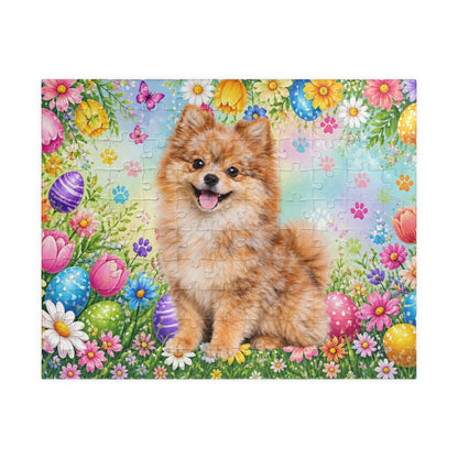 Pomeranian (Orange Merle) Easter Puppy Puzzle - Spring Garden with Eggs, Tulips, and Daisies