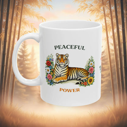 Shop our peaceful power tiger mug featuring the 15oz style option from MySisterIsASurvivor.