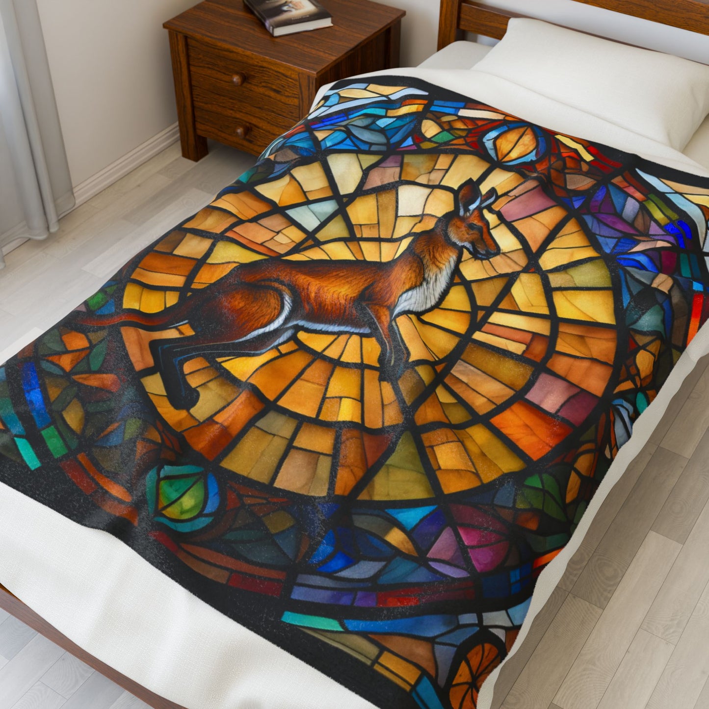 A cozy kangaroo blanket with stained glass-style background that radiates warmth and calm.