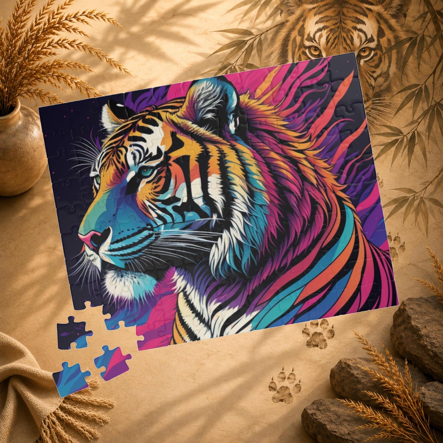 Majestic Mindfulness - Psychedelic Tiger Puzzle with Rainbow Mane and Deep Purple Background