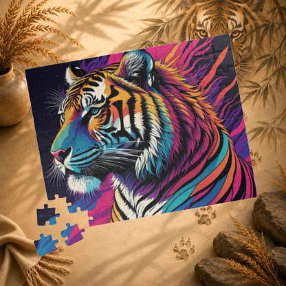 Majestic Mindfulness - Psychedelic Tiger Puzzle with Rainbow Mane and Deep Purple Background