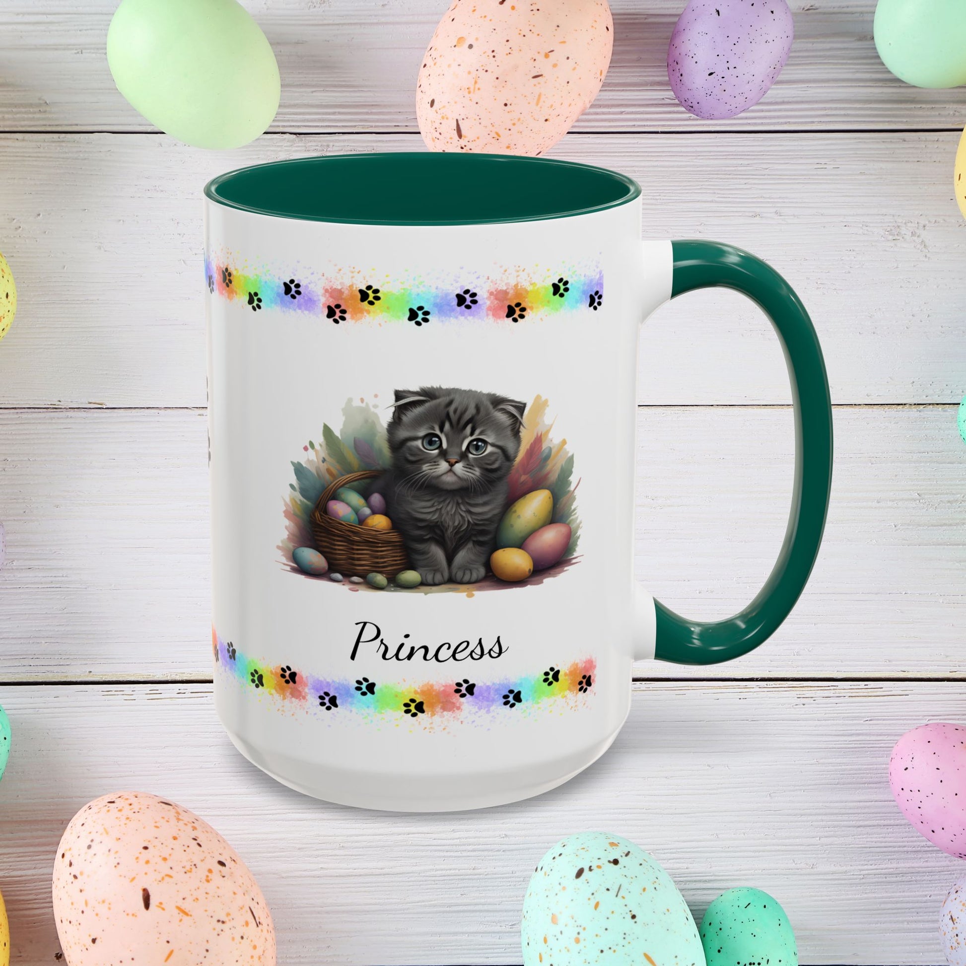 Scottish Fold: Personalized Easter Kitten Coffee Mug - Adorable Cat Design, Mental Health Gift, 11oz & 15oz, 12 Color Choices, Easter Gifts & Décor