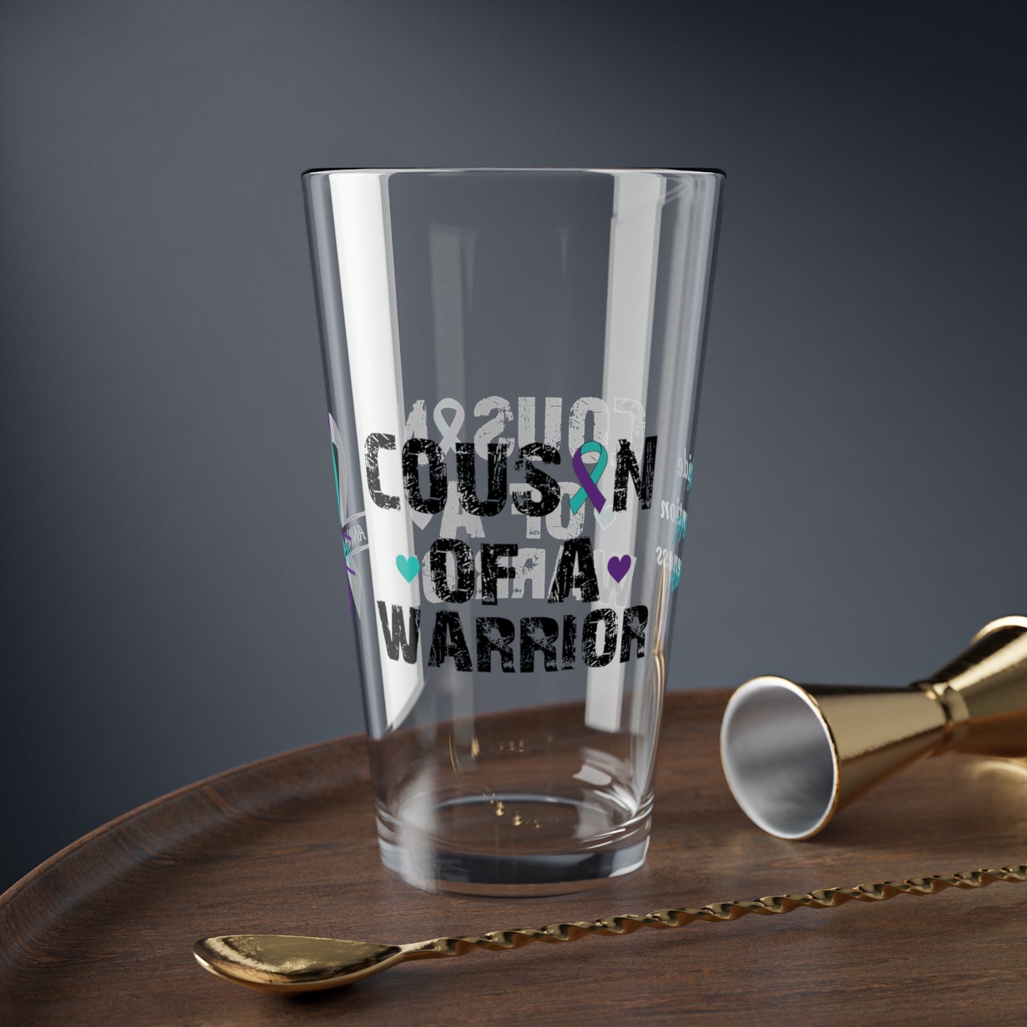 Cousin of a Warrior: Personalized Suicide Prevention Awareness Warrior Pint Glass - Proud Family Member