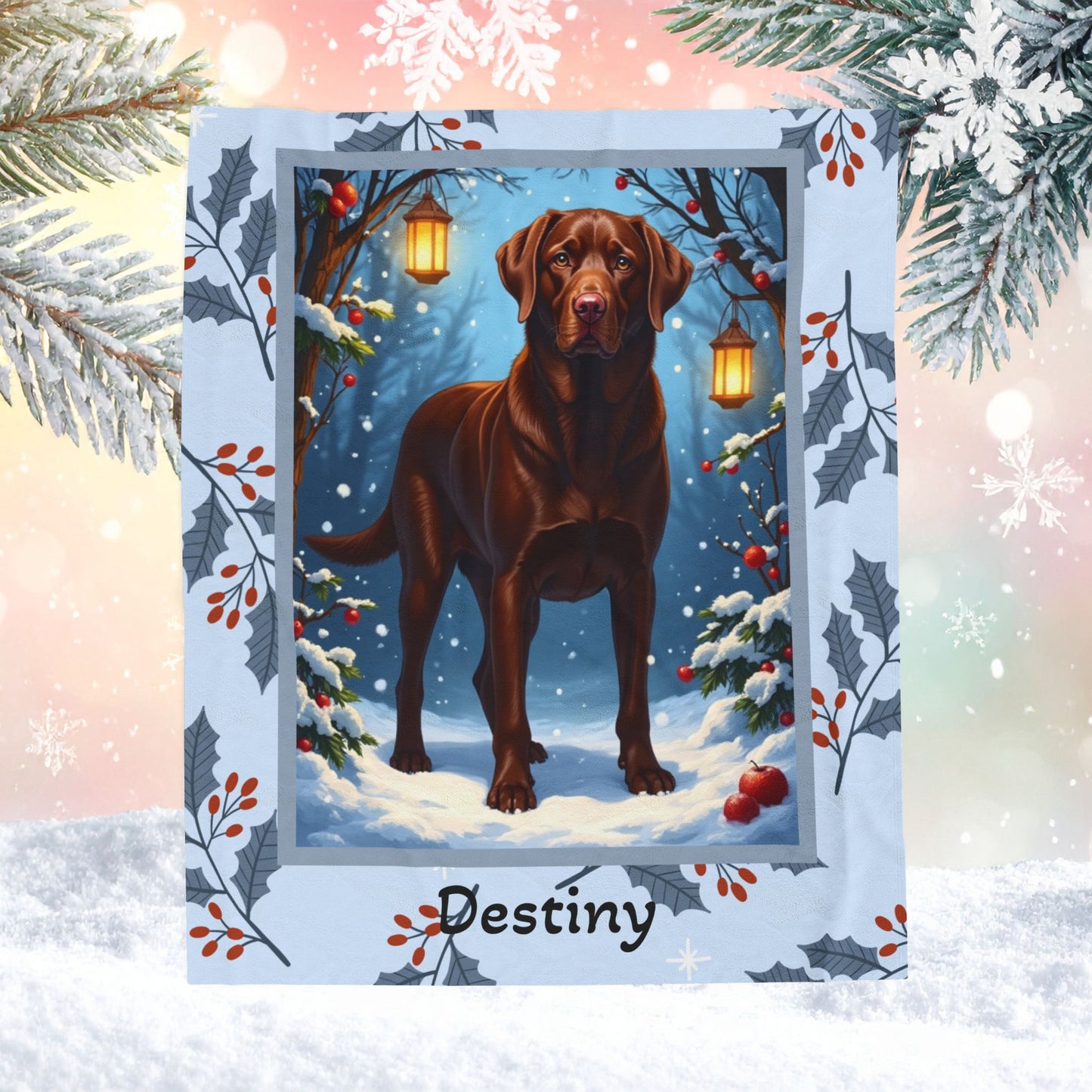 Labrador Retriever Chocolate personalized winter throw with friendly chocolate Lab artwork in a cozy lodge scene