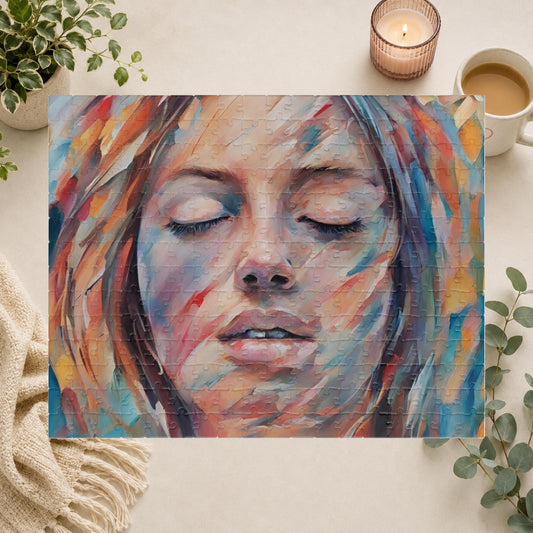 Colorful abstract painting of a woman's face with closed eyes