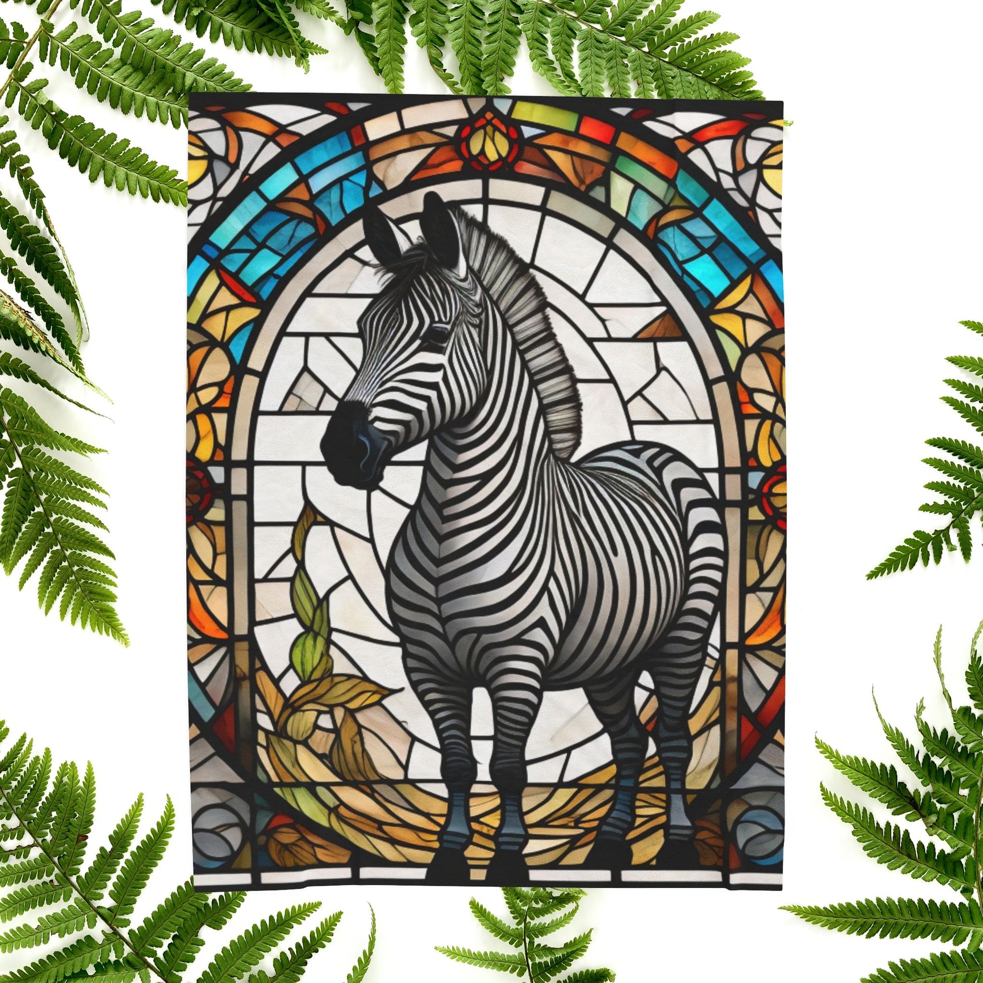 A zebra blanket with stained glass-inspired design that blends artistic style and cozy comfort.