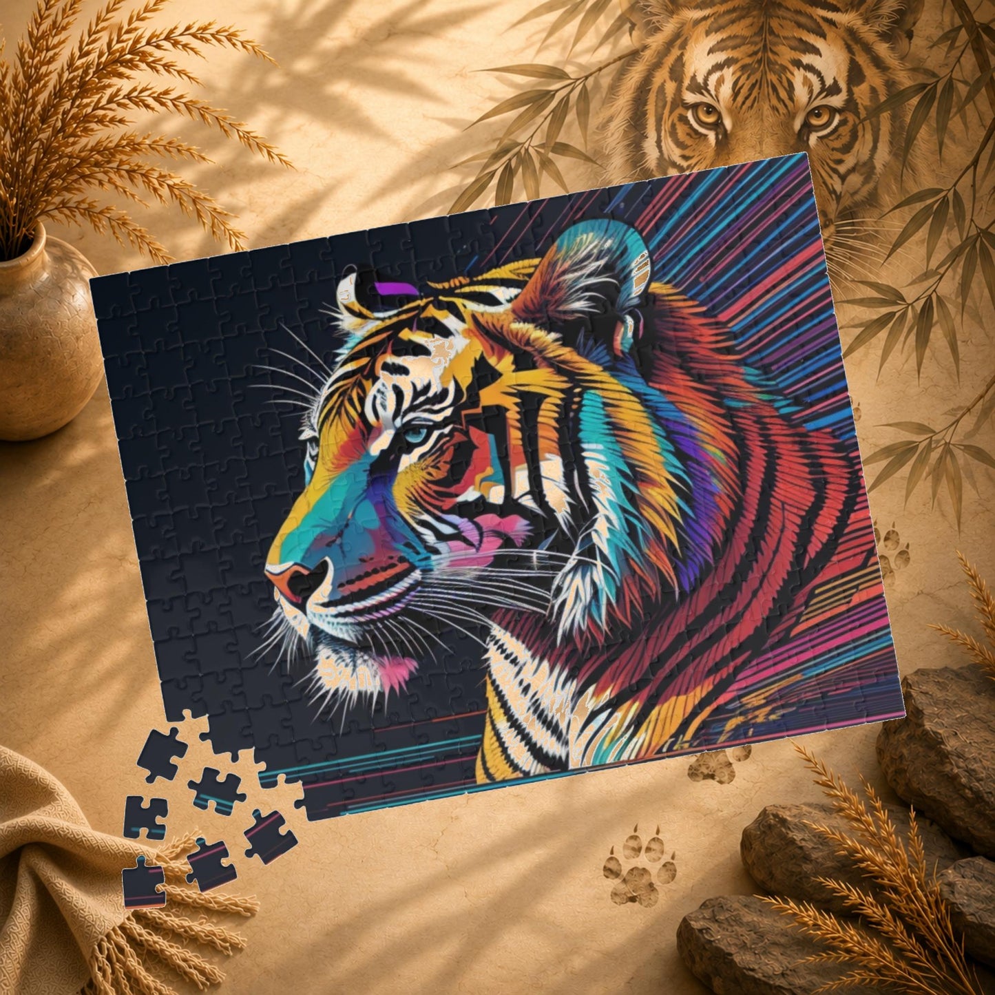 Colorful tiger puzzle with missing pieces on a white background