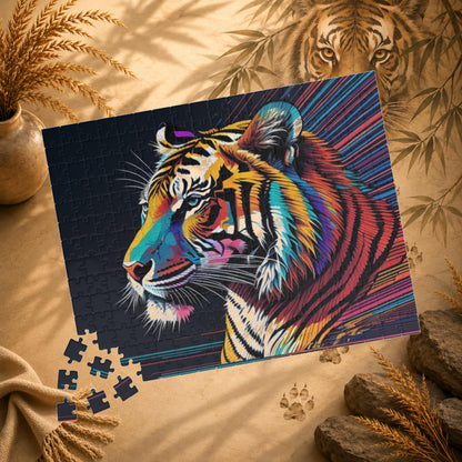 Colorful tiger puzzle with missing pieces on a white background