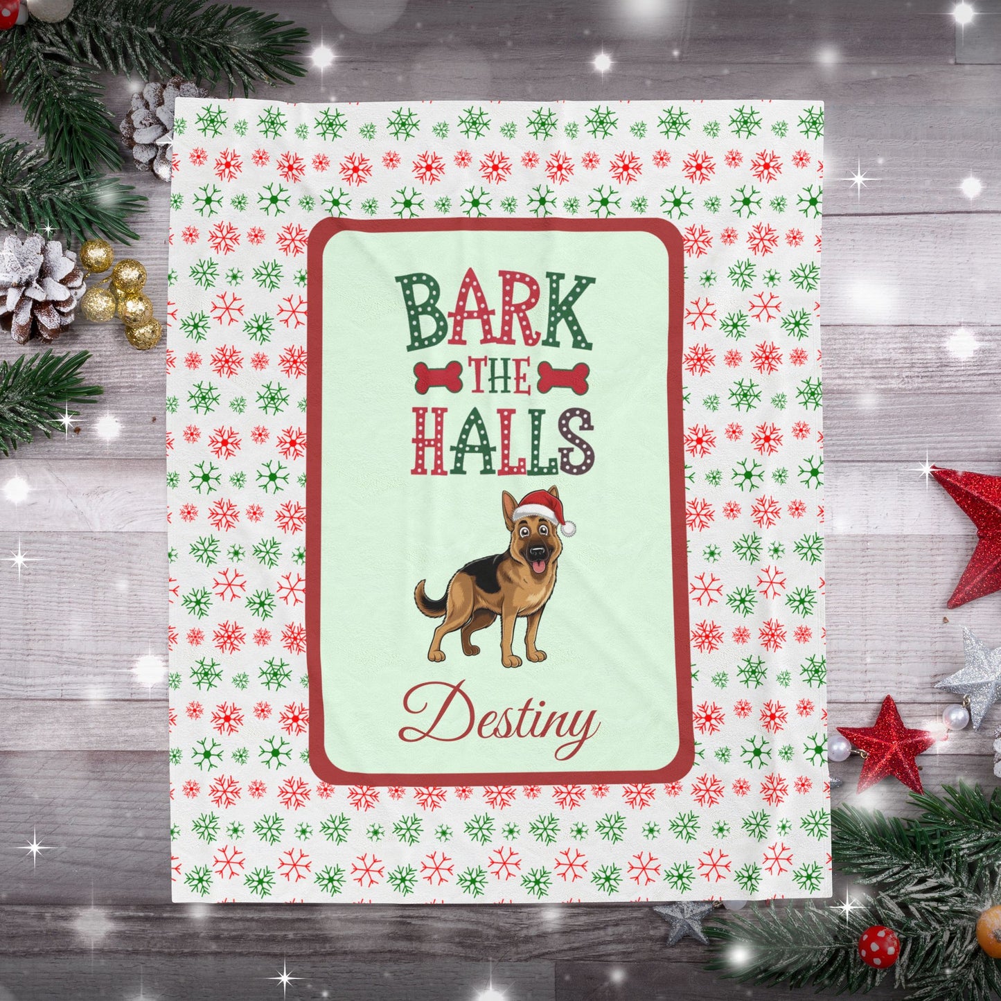 German Shepherd velveteen blanket Bark The Halls holiday gift for dog lovers and cozy Christmas throw