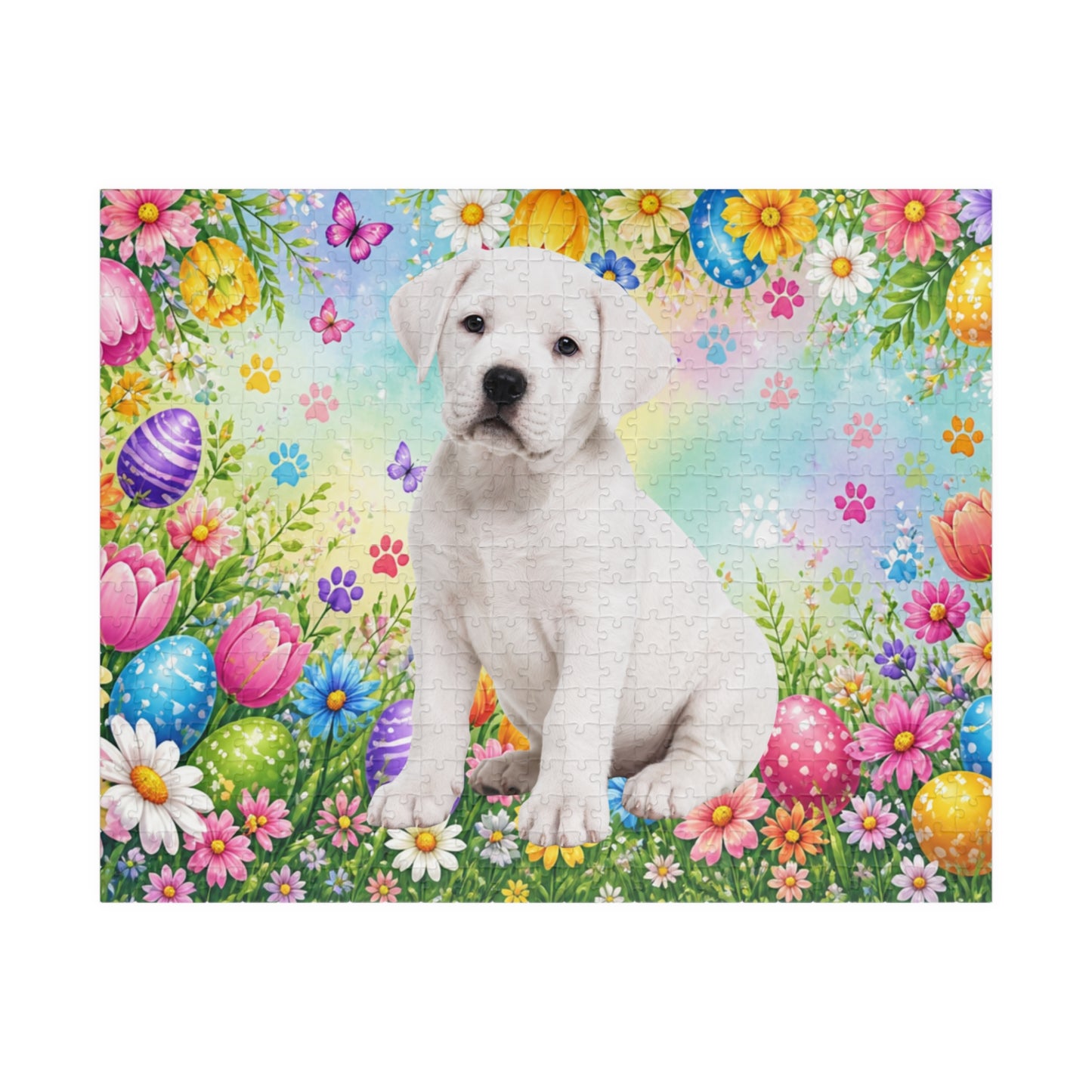Rottweiler (White) Easter Puppy Puzzle - Spring Garden with Eggs, Tulips, and Butterflies