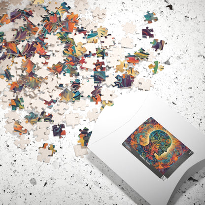 Healing the Soul - Mind-as-Garden Puzzle with Botanical Head Silhouette and Golden Halo on Autumn Leaves