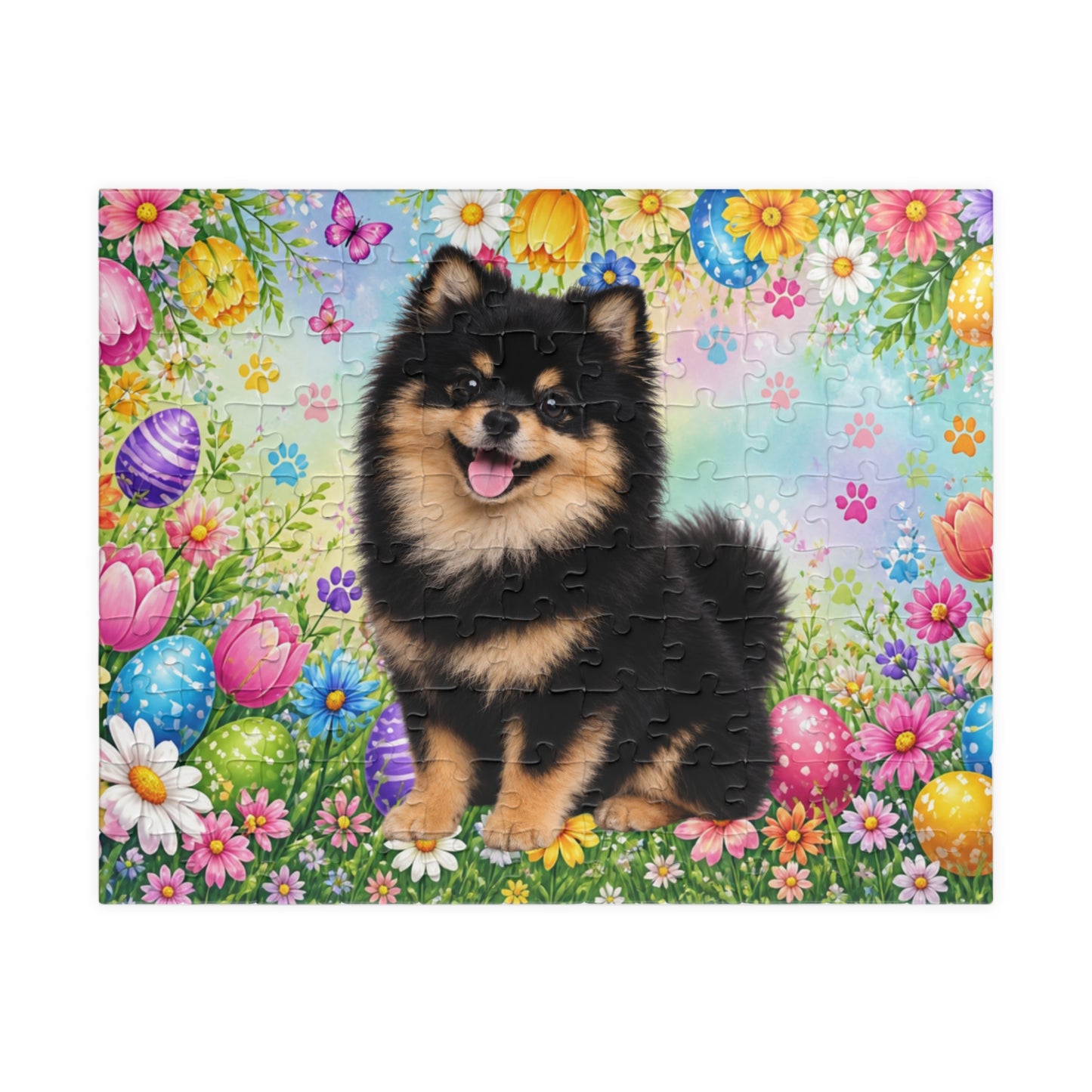 Pomeranian (Black & Tan) Easter Puppy Puzzle - Spring Garden with Eggs, Tulips, and Daisies