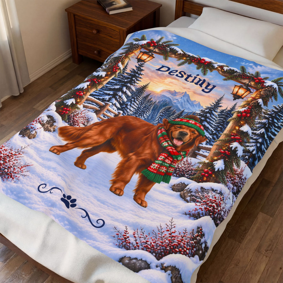 Golden Retriever (Red Coat) - Custom Name Winter Lodge Blanket, Personalized Field Golden Lover Gift