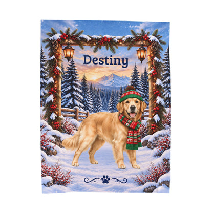 Golden Retriever (Light Golden Coat) - Personalized Snowy Cabin Throw, Custom Name Dog Dad Blanket