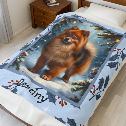 Pomeranian Orange Sable custom winter blanket showing a fluffy Pom in a bright snowy lodge illustration