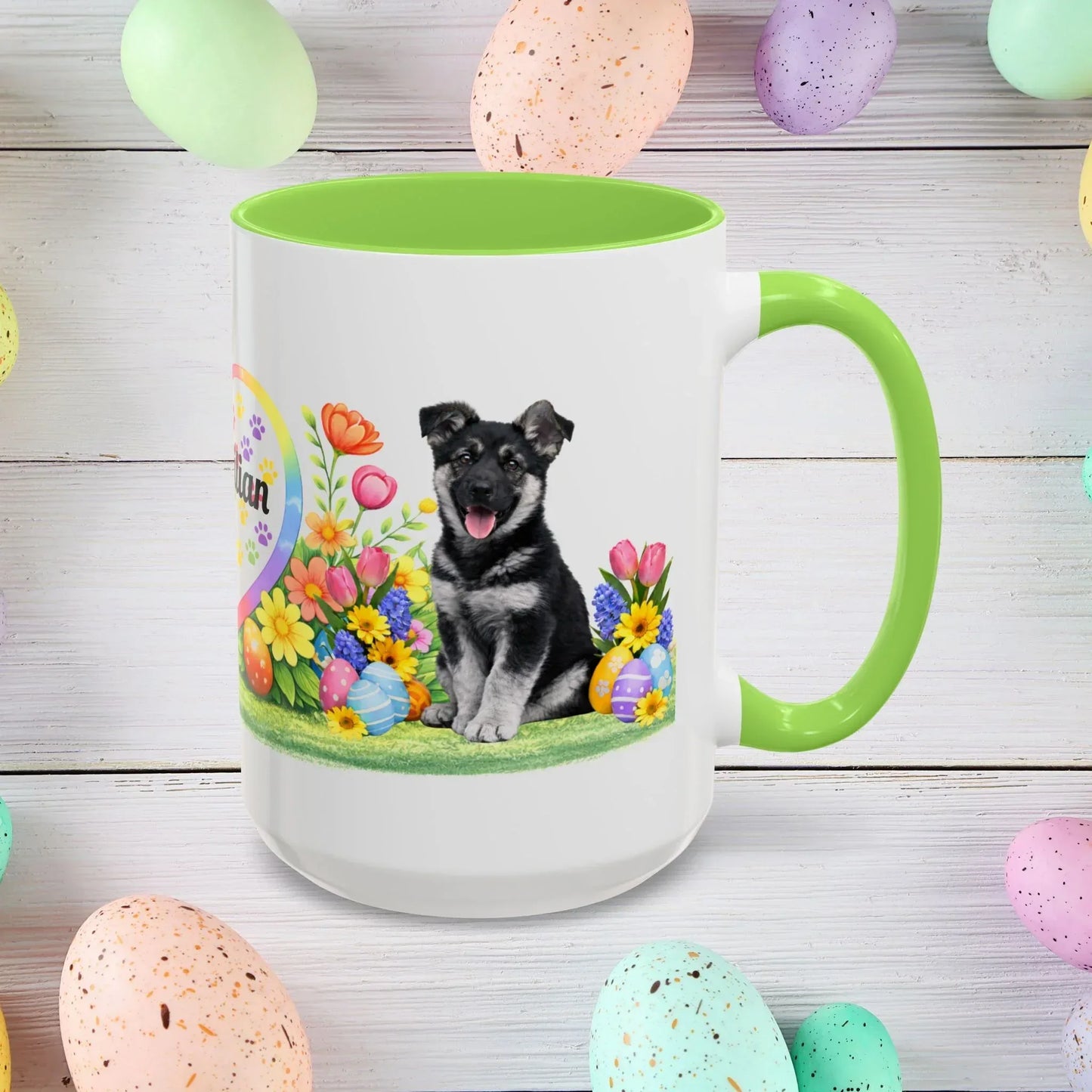 Shop our german shepherd black silver puppy easter mug featuring the 15oz style option from MySisterIsASurvivor.