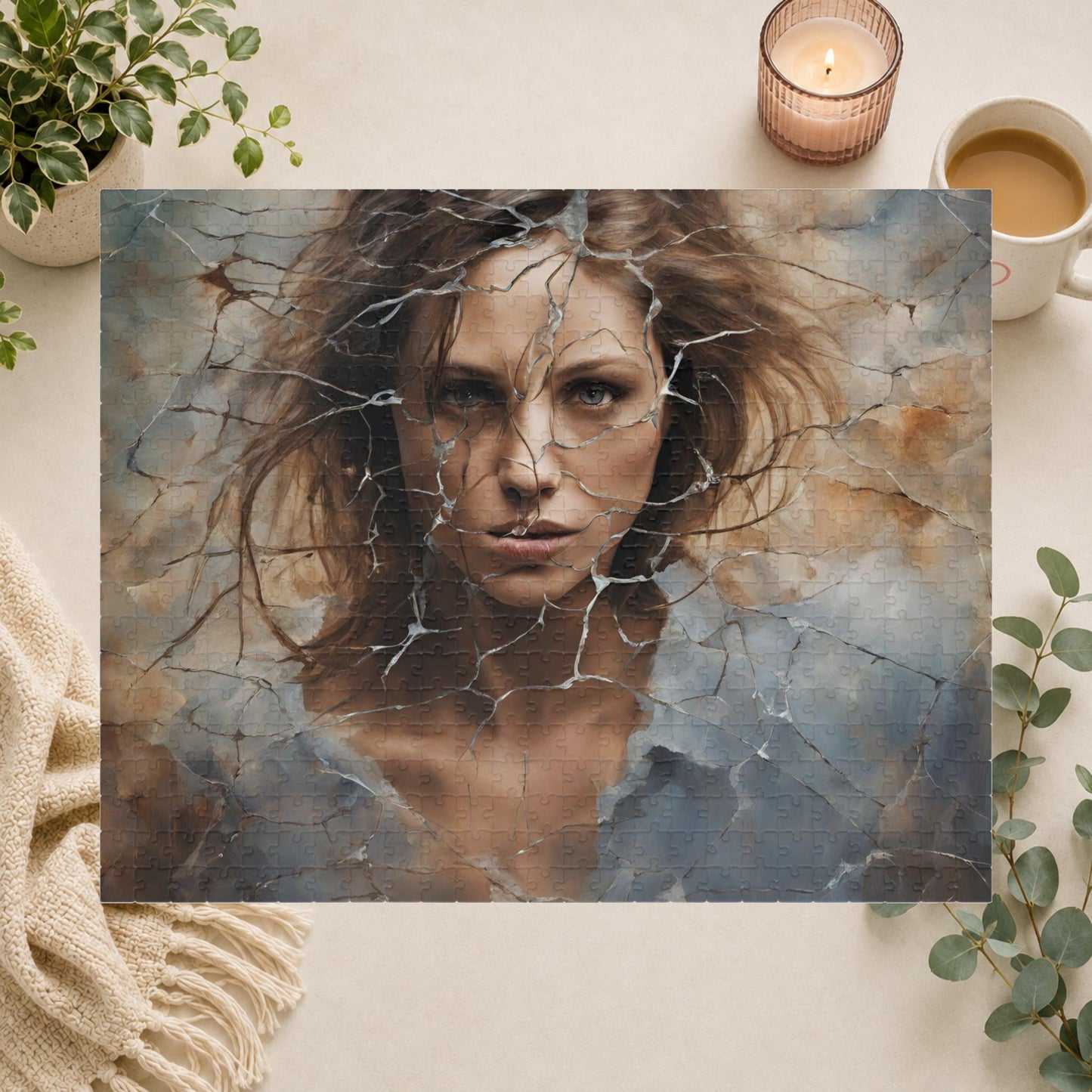 Break Free - Woman's Portrait Puzzle with Cracked Texture in Muted Blue and Brown Tones