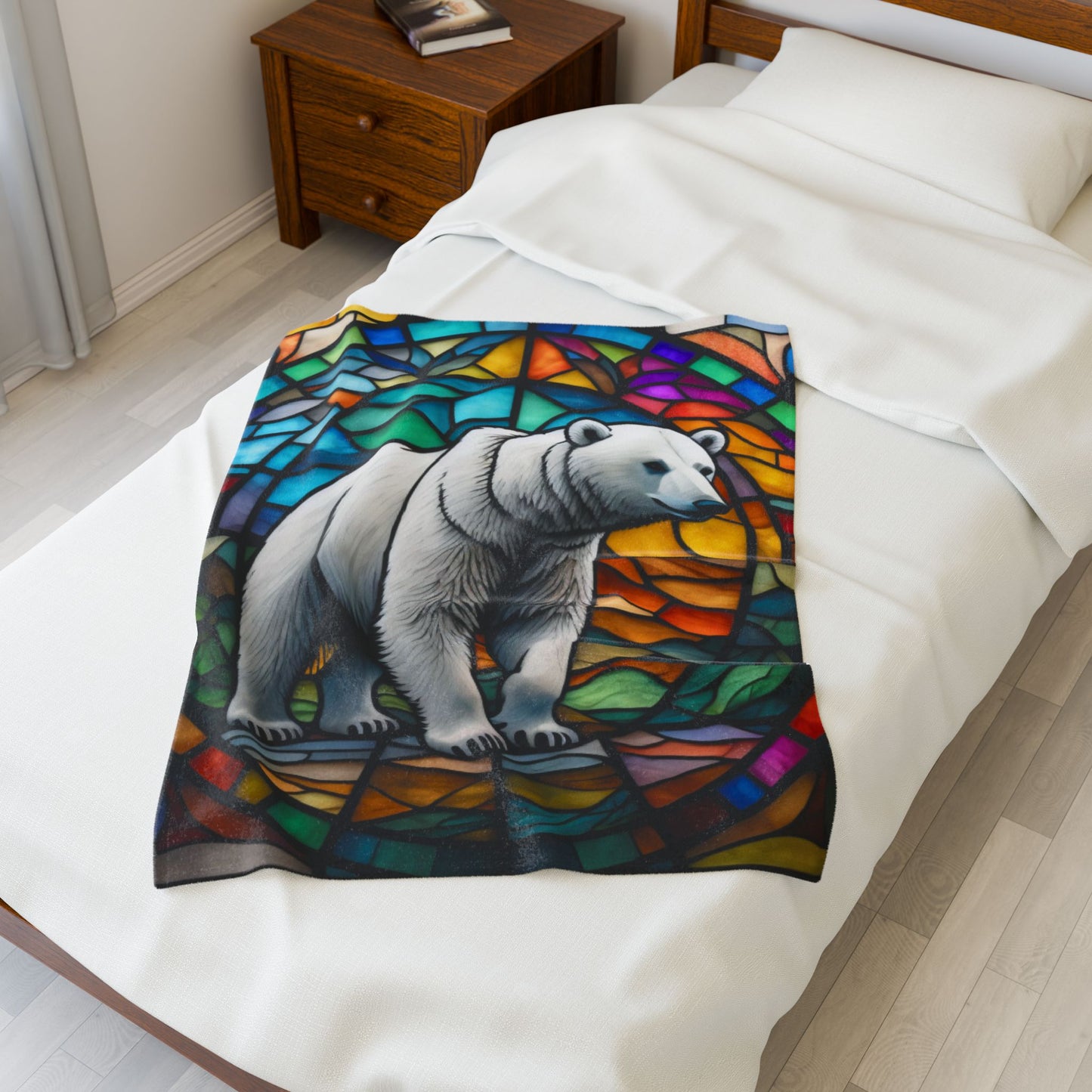 A polar bear blanket in stained glass style that brings arctic charm and peaceful coziness.