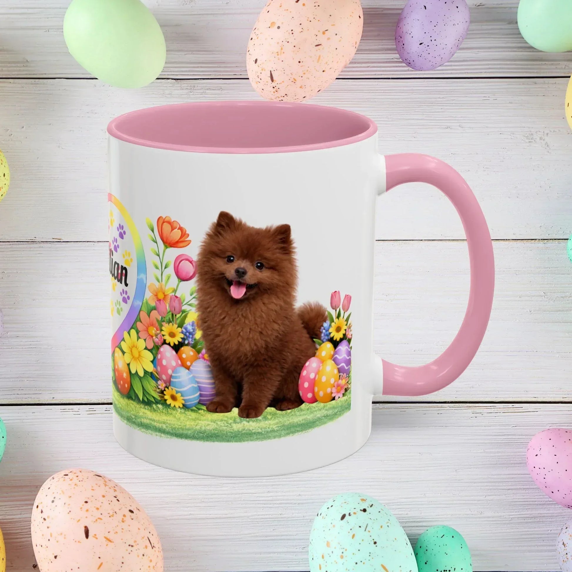 Shop our pomeranian chocolate puppy easter mug featuring the 11oz style option from MySisterIsASurvivor.
