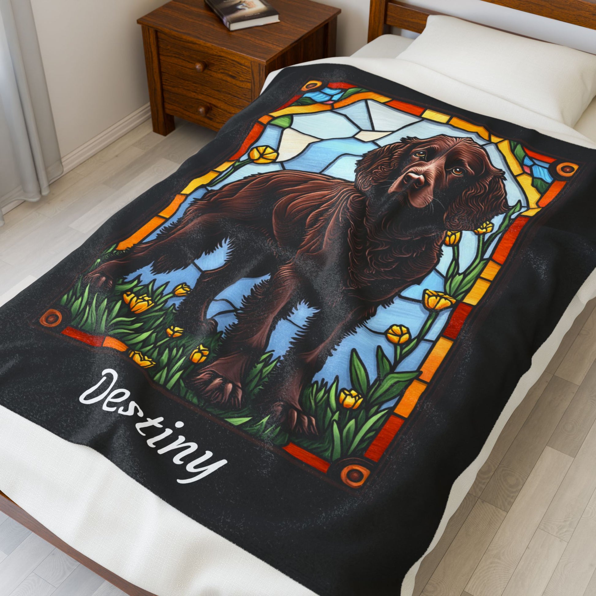 American Water Spaniel velveteen blanket, custom dog throw, personalized stained glass pet gift - MySisterIsASurvivor