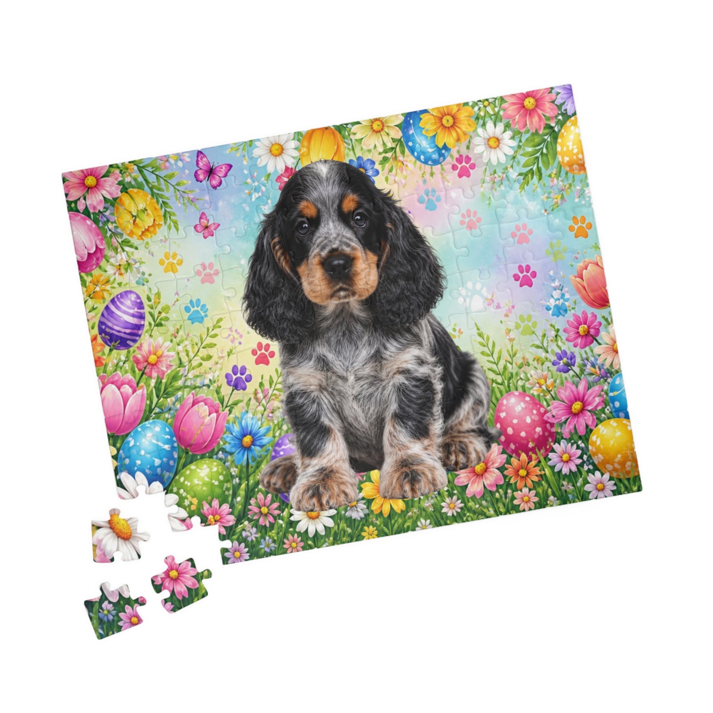 American Cocker Spaniel (Blue Roan) Easter Puppy Puzzle - Spring Garden with Eggs, Tulips, and Daisies