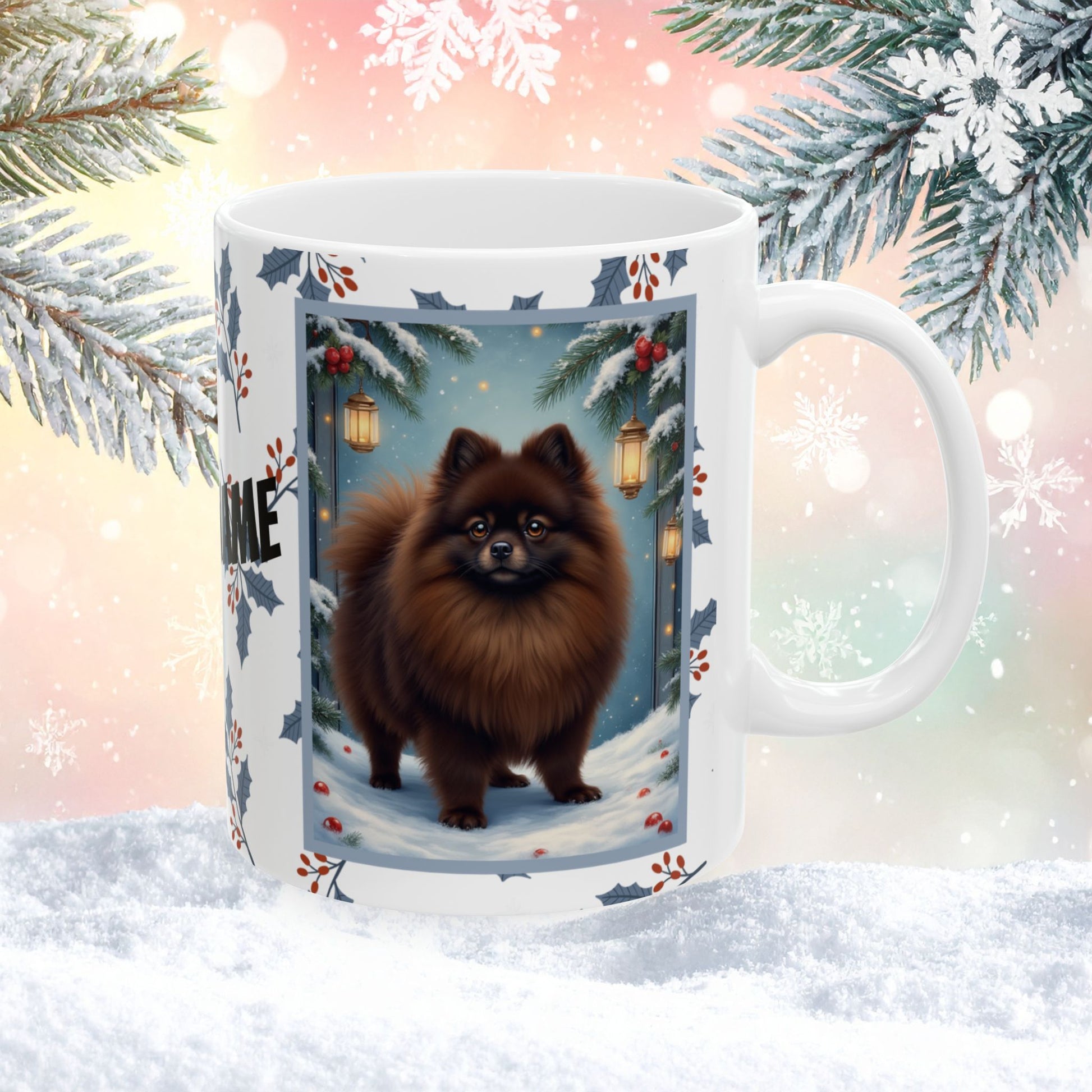 Pomeranian (Chocolate) Winter Mug - chocolate pomeranian illustrated standing in a snowy winter scene