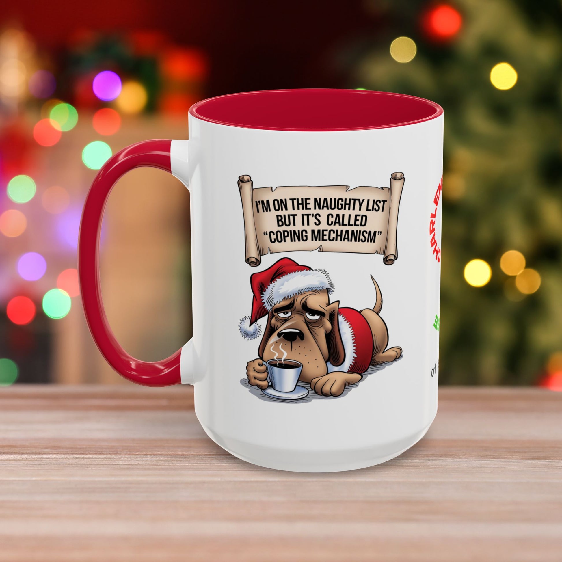 I'm On The Naughty List, But It's Called 'Coping Mechanism' – Christmas Mug with Dog Design and Accent Color
