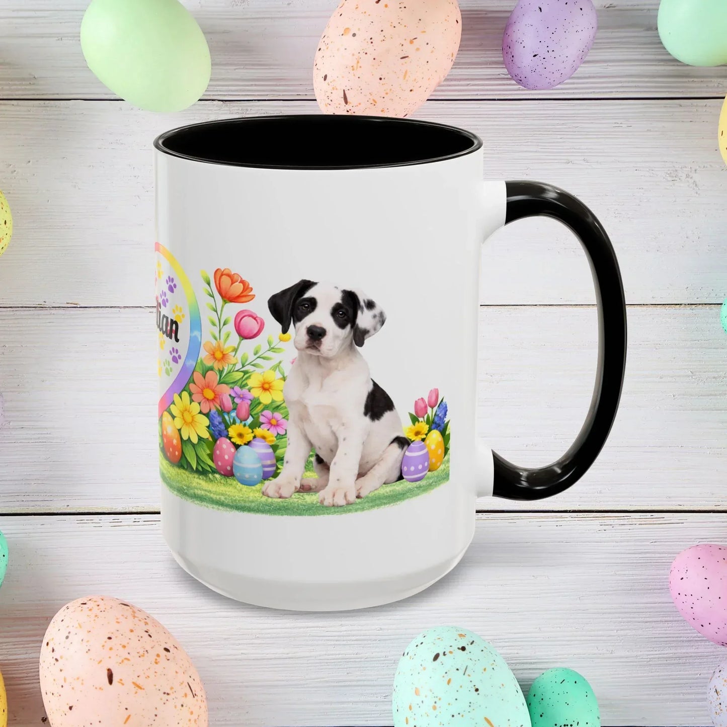 Shop our great dane piebald puppy easter mug featuring the 15oz style option from MySisterIsASurvivor.