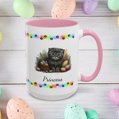 Scottish Fold: Personalized Easter Kitten Coffee Mug - Adorable Cat Design, Mental Health Gift, 11oz & 15oz, 12 Color Choices, Easter Gifts & Décor