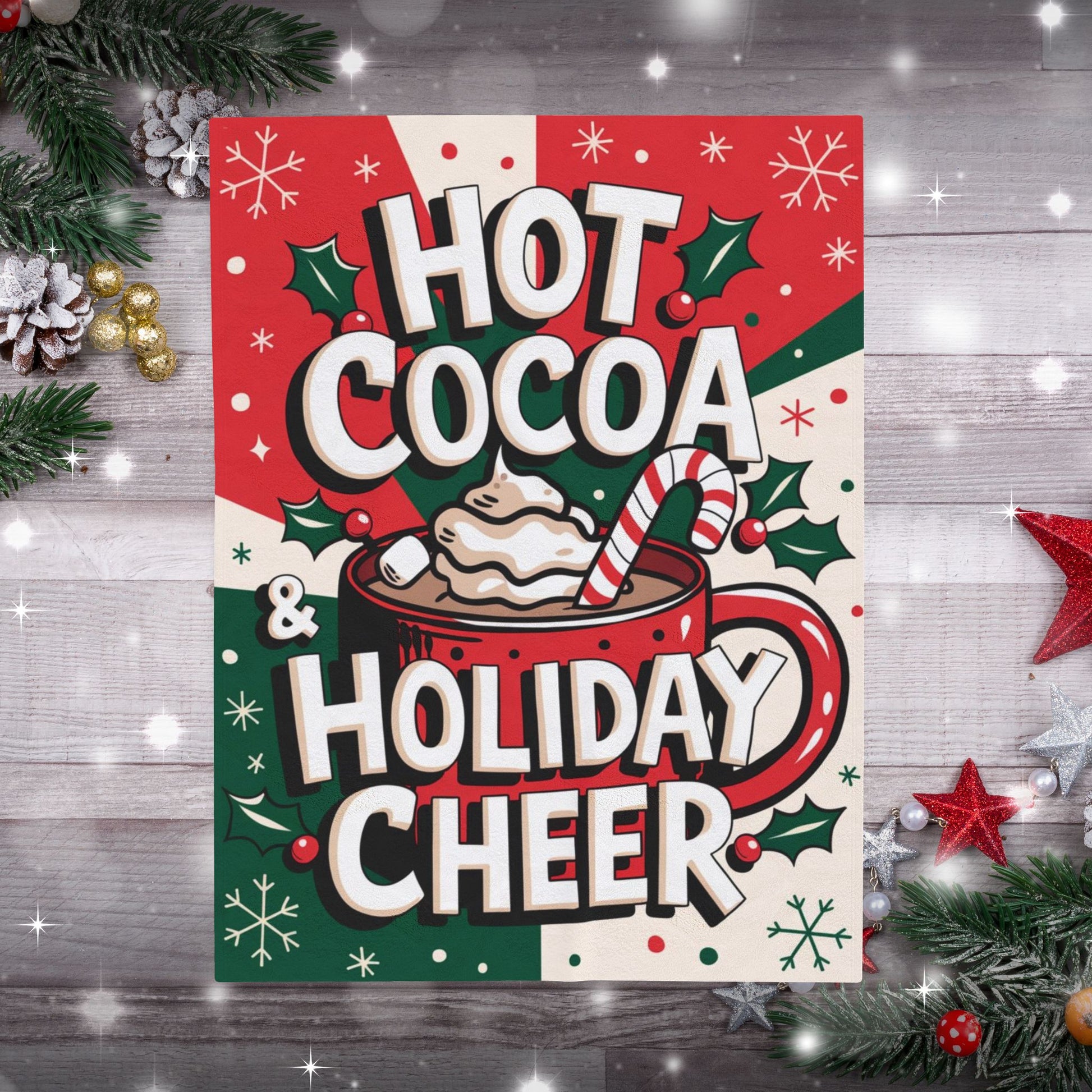 Holiday blanket “Hot Cocoa & Holiday Cheer” soft cozy throw with winter Christmas theme