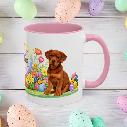 Shop our rottweiler red puppy easter mug featuring the 11oz style option from MySisterIsASurvivor.