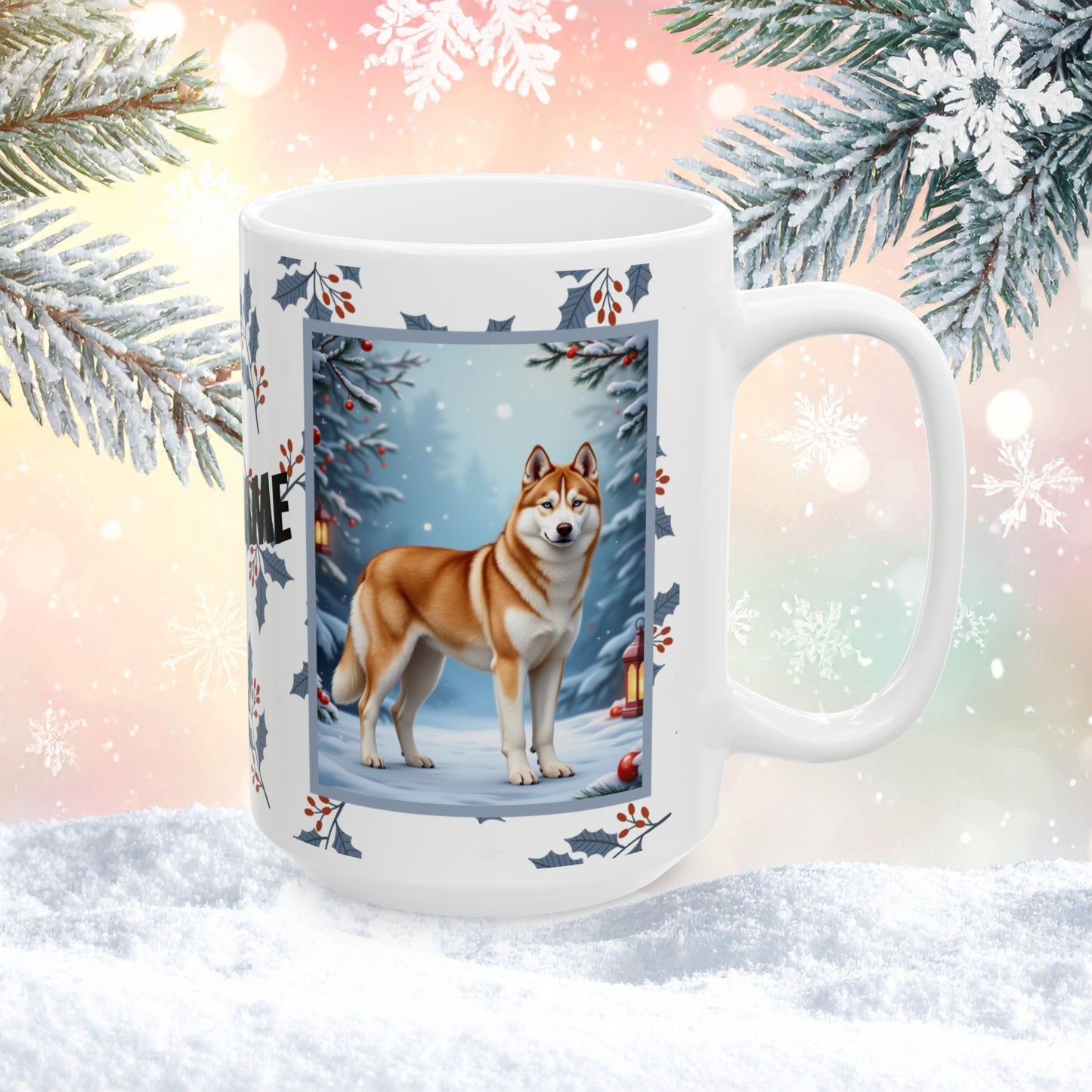 Husky (Sable & White) Winter Mug - sable and white husky illustrated standing in a winter scene with frosted trees