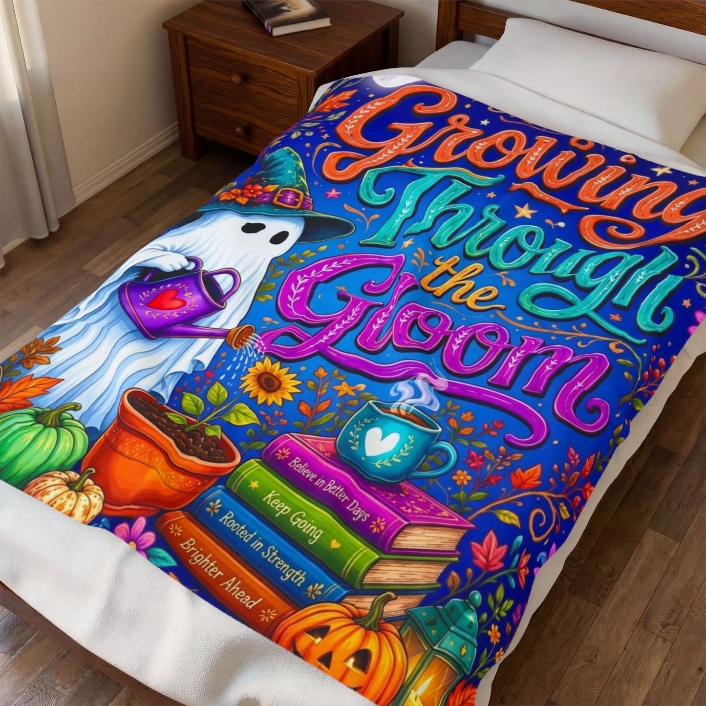 Growing Through the Gloom Velveteen Blanket - Ghost Watering Seedling with Believe in Better Days Books