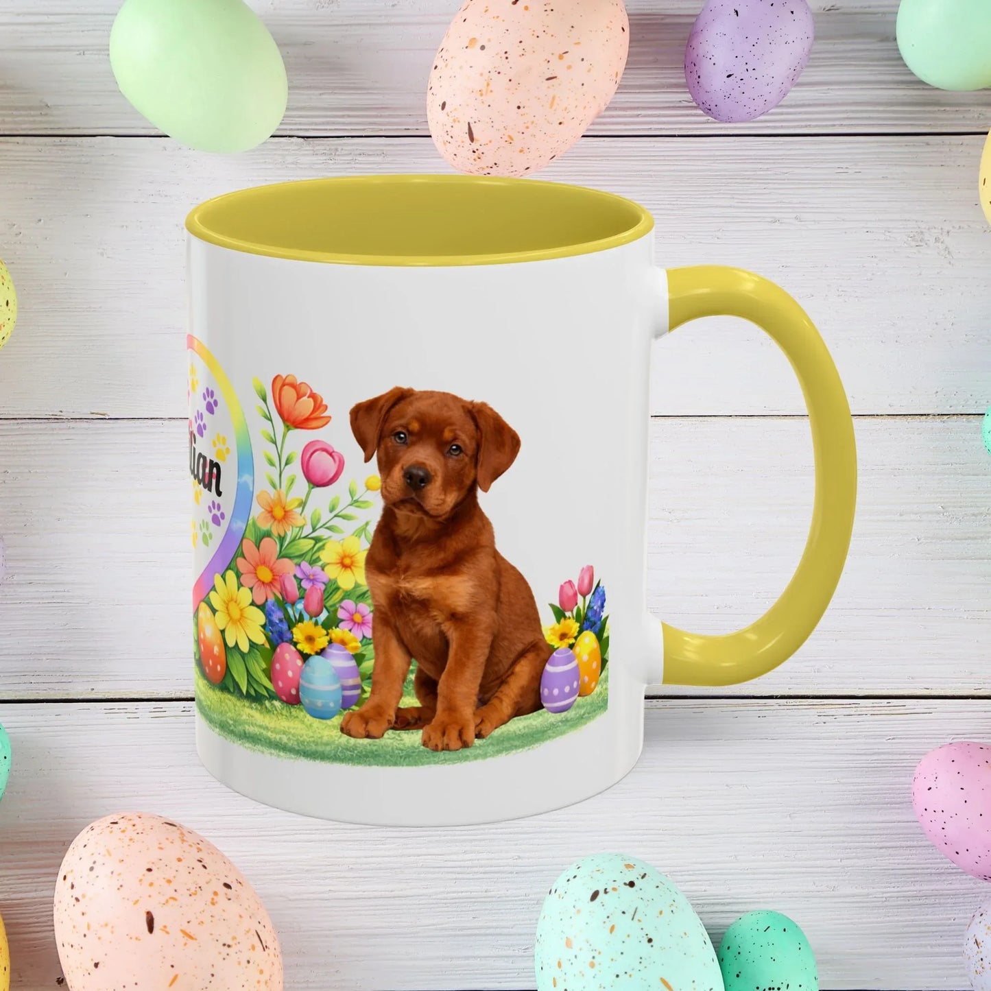 Shop our rottweiler red puppy easter mug featuring the 15oz style option from MySisterIsASurvivor.